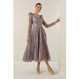 By Saygı Square Neck Long Sleeve Lined Sequined Beaded Dress | Shoptok.si