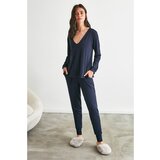 Trendyol Navy Blue V Neck Knitted Pajamas Set Cene
