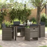 vidaXL 5-dijelni set za objedovanje u vrtu s jastučićima, siva poli ratan, vrtni stol, crn 160x80x73 cm od kaljenog stakla | shoptok.hr
