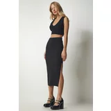 Happiness İstanbul Women's Black Slit Corduroy Knitted Pencil Skirt