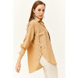 Olalook Women's Camel Side Button Detailed Oversize Woven Shirt | shoptok.hr