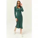 Olalook Women's Green Zippered Hooded Pocket Thick Ribbed Midi Dress