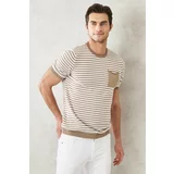 ALTINYILDIZ CLASSICS Men's Beige-white Standard Fit Crew Neck 100% Cotton Striped Knitwear T-Shirt