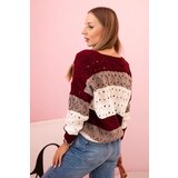 Kesi Włoski Ladies' striped openwork sweater with a V-neck burgundy + light beige | ePonuda.com