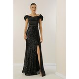 By Saygı Madonna Neck Low Sleeve Front Draped Astered Top Satin Bottom Sequined Long Dress | Shoptok.si