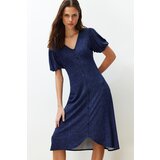 Trendyol navy blue balloon sleeve printed midi stretchy knitted midi dress Cene