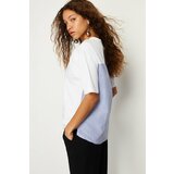 Trendyol White Striped Poplin Detailed Oversize/Wide Pattern Knitted T-Shirt cene