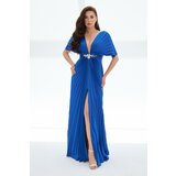 Carmen Saks Plisoley Long Evening Dress with Stone Waist and Low-cut Chest cene