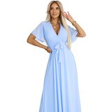 numoco basic 545-2 Long dress with pleated neckline and tie - light blue | shoptok.hr