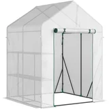 jekleni vrtni rastlinjak s PE pokrovom, rastlinjak za rastline z 2 policama in dvižnimi vrati, 143x143x195cm, bela barva, (20747904)