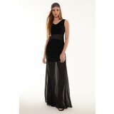 Trendyol Black Transparent Detailed Tulle Long Elegant Evening Dress cene