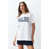 Trendyol White 100% Cotton City Slogan Printed Oversize/Relaxed Cut Knitted T-Shirt cene