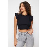 Trendyol Black Ribbed Flexible Crop Knitted Blouse With Frilly Sleeves Cene