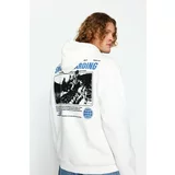 Trendyol Men's Ecru Oversized Hooded Fluffy Ski Printed Pile Cotton Sweatshirt with Soft Inside.