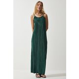 Happiness İstanbul Women's Emerald Green Strappy Summer Pleated Dress Cene