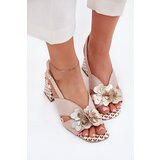 Laura Messi Leather Women's Heeled Sandals With Flowers Beige 2950 | Shoptok.si