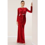 By Saygı Long Velvet Dress with Front Pleated Belt Cene