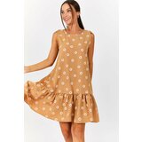 armonika Women's Beige Daisy Pattern Sleeveless Skirt with Frills Dress cene