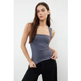 Trendyol Gray Plain Square Neck Strap Gathered Knitted Blouse