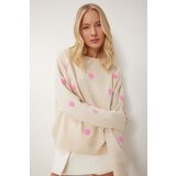 Happiness İstanbul Women's Cream Heart Texture Oversize Knitted Sweater Cene