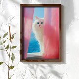 Wallxpert uramljena MDF slika NAL064-46, bela mačka viri kroz roze zavese ispred mora, 35,5 x 47 cm | Eponuda.com