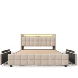 Lumor Oblazinjena postelja 180x200 cm iz lana – z LED osvetlitvijo in USB priključki za polnjenje – 2 predala – bež, (22151120) | Shoptok.si