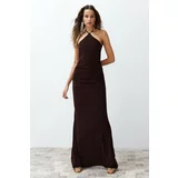 Trendyol Brown Fitted Long Evening Dress