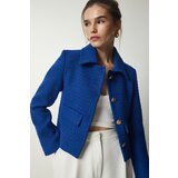 Happiness İstanbul Women's Blue Tweed Crop Jacket Cene