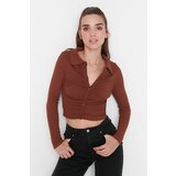 Trendyol Brown Ribbed and Gathered Crop Knitted Blouse | Shoptok.si