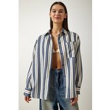  Women's Cream Navy Blue Striped Oversize Knitted Shirt Cene