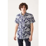 Avva Men's Navy Blue 100% Cotton Classic Collar Printed Short Sleeve Standard Fit Regular Cut Shirt
