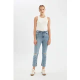 Defacto Mary Straight Leg Ripped Detailed High Waist Cut Out Ankle Length Jean Washed Trousers