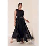 By Saygı Buckled Waist, Pleats and Lined Uniforms. Chiffon Long Dress Black Cene