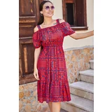 armonika Women's Coral Checkered Floral Patterned Strappy Elastic Waist Dress