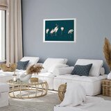  Plakat - Evening at the Pond - group of cranes drawn in dry pastel on a dark turquoise background 90x60 Bez okvira s margom | shoptok.hr
