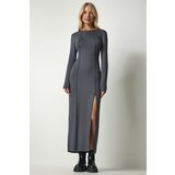 Happiness İstanbul Women's Anthracite Viscose Long Viscose Dress with Slit and Stitching Cene