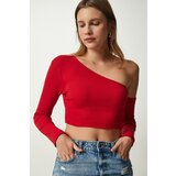 Happiness İstanbul Women's Red Single Sleeve Ribbed Crop Knitted Blouse Cene