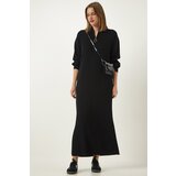  Women's Black Zipper Collar Ribbed Long Knitwear Dress | Shoptok.si