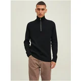 Jack & Jones Men's Black Ribbed Sweater with Zipper Perfect - Men