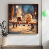 Wallxpert uramljena mdf slika DOS055-70, šolja kakaa i kolačić na klupi u snegu, 70 x 70 cm | Eponuda.com