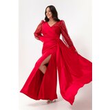 Lafaba Women's Red V-Neck Plus Size Long Evening Dress with Slits on the sleeves. cene