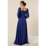 By Saygı Square Neck Belted Waist Lined Chiffon Long Evening Dress | Shoptok.si