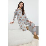 Trendyol Gray Melange 100% Cotton Teddy Bear Patterned Knitted Pajama Set