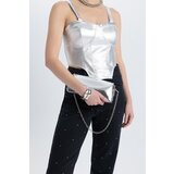 Defacto Heart Neck Corset Look Shiny Fabric Strappy Blouse Cene