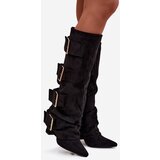 Boto Women's heeled boots with turned-up shaft and gold buckles eco suede black Isavelle | shoptok.hr