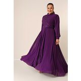 By Saygı Beaded Embroidered Lined Plus Size Long Chiffon Dress with Flounce on the Front Cene