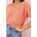 Kesi Włoski Women's sweater made of soft fluff with a V-neck and short sleeves salmon | shoptok.hr