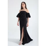 Lafaba Women's Black Pearl Sleeve Detailed Long Evening Dress