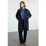 Trendyol Navy Blue Oversize Collar Faux Leather Detailed Midi Wool Coat