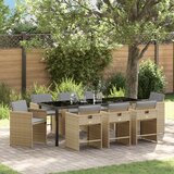 vidaXL 9-delna vrtnarska jedilna garnitura z blazinami Bež poli rattan, vrtnarska miza črna 200x80x73 cm kaljeno steklo | Shoptok.si